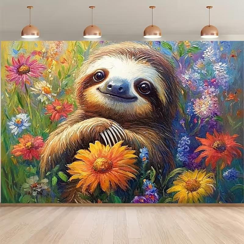 2D Cute Sloth Floral Backdrop Colorful Wildflower Photography Background Cloth 47.2x31.5inch/120*80cm