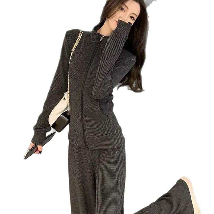 Korean Elegant Slimming Two-Piece Sportswear Set for Women - High Neck Cardigan Hoodie & Long Pants for Spring/Autumn.