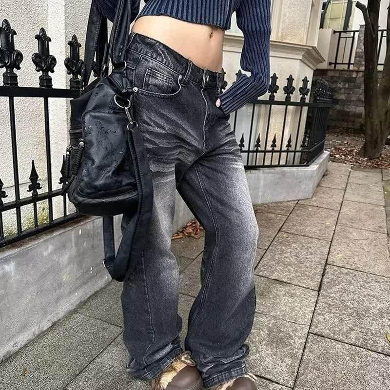 Retro Washed Distressed Straight Leg Jeans Men Women Loose Fit Cotton Denim Pants Casual Vintage Style