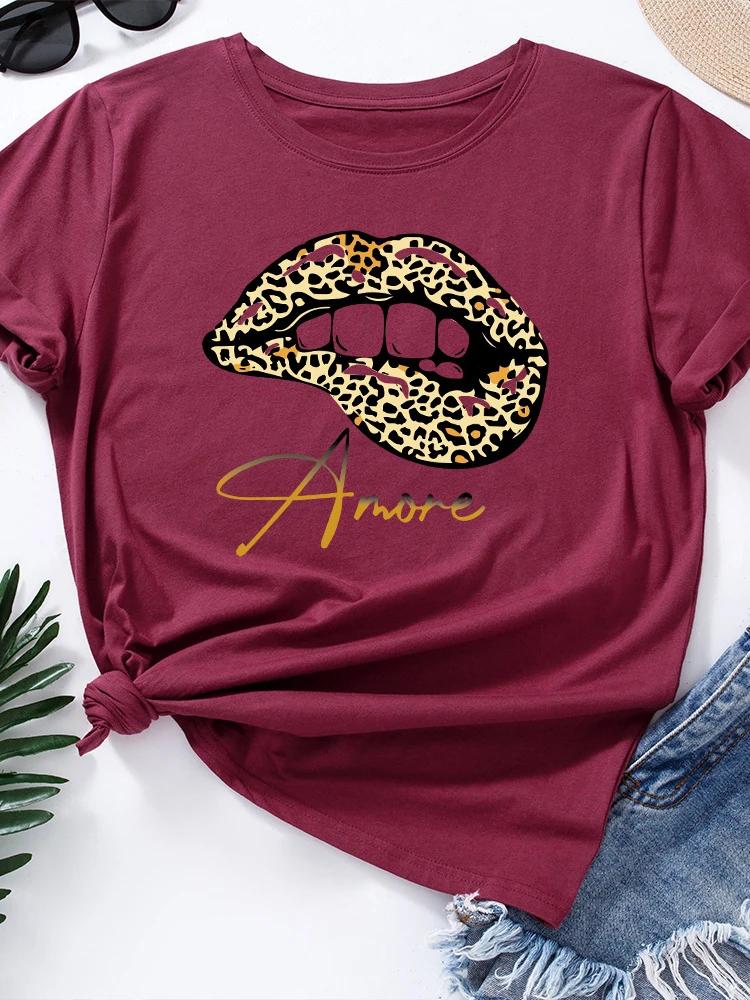 Amore Leopard Lip Print Women T Shirt Short Sleeve O Neck Loose Women Tshirt Ladies Tee Shirt Tops Clothes Camisetas Mujer