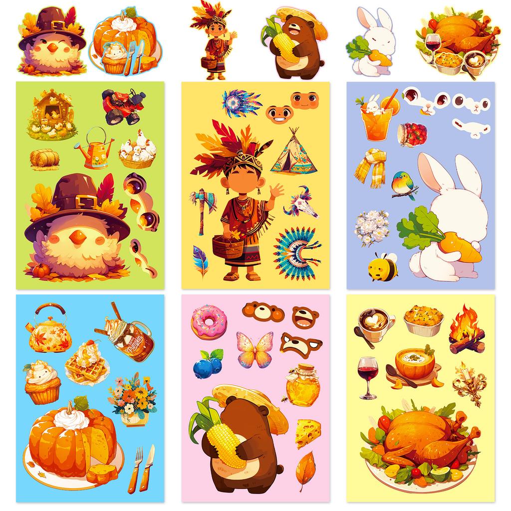 6 Turkey Puzzle Face Changer Stickers Thanksgiving Anime Cartoon Collage Fall Harvest