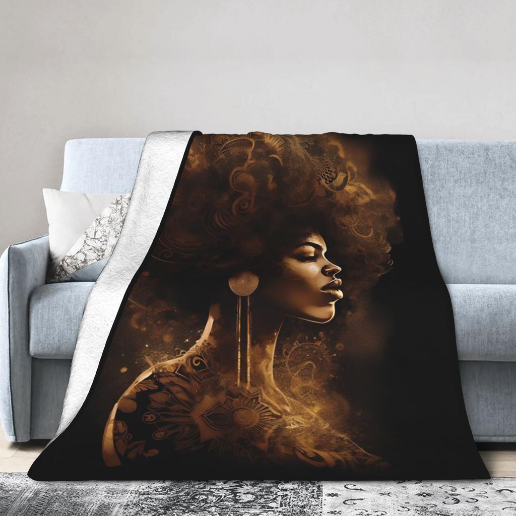 Afrocentric African Art Black And Gold Fleece Blankets Awesome Throw Blanket for Home 150*125cm Plush Thin Quilt,