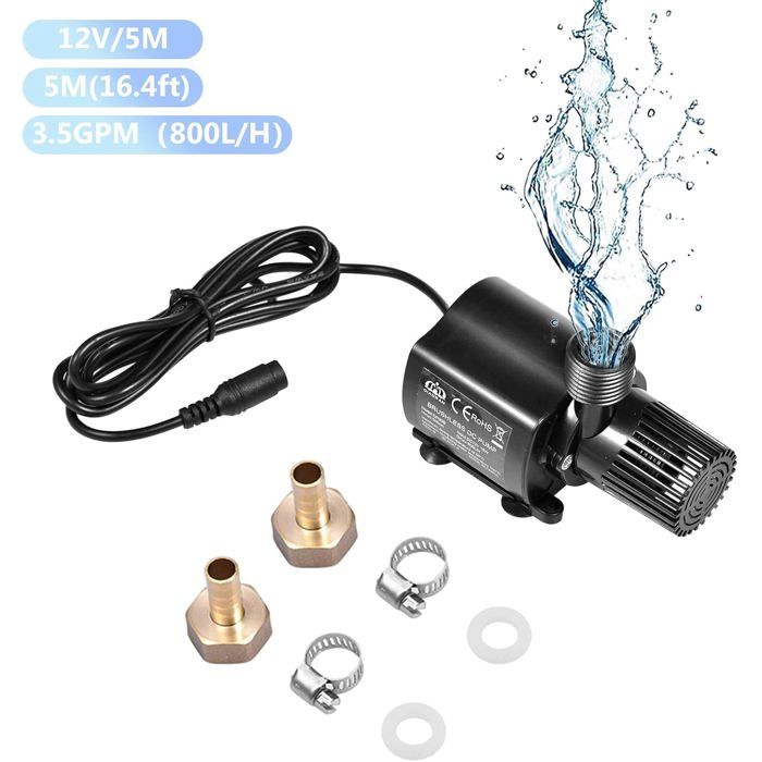 Pompe DC 12V submersible/amphibie 800 L/h - Hauteur 5 m, moteur brushless, faible bruit