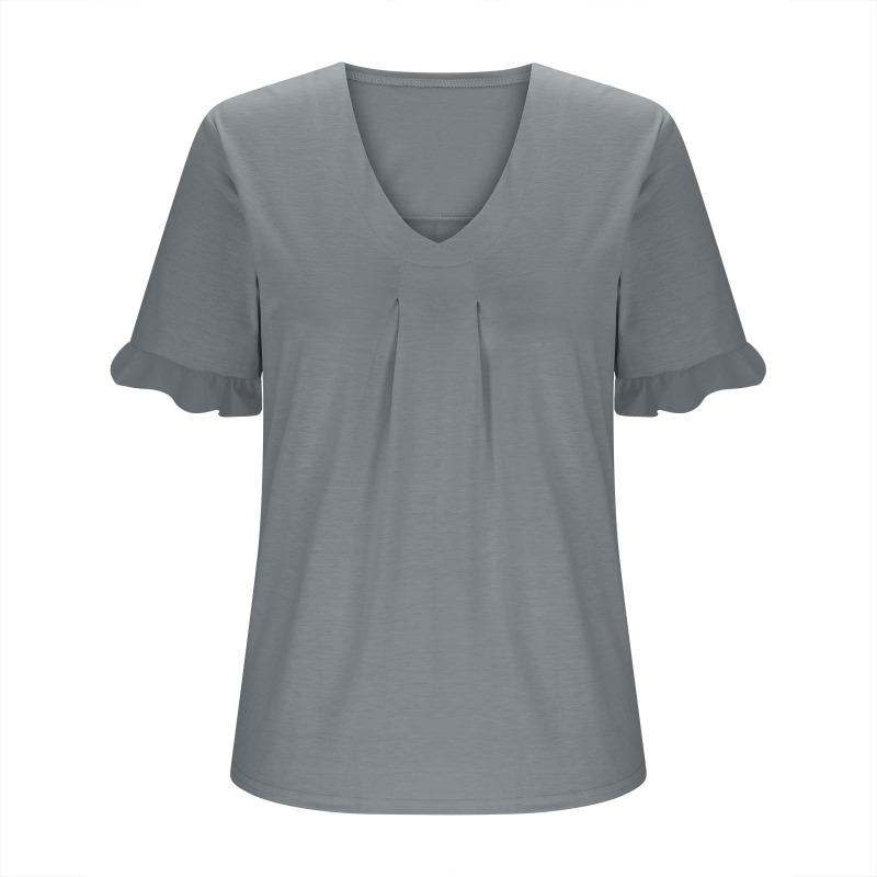 Women S Plus Size Casual Solid Short Sleeve Petal Sleeve V Neck Top