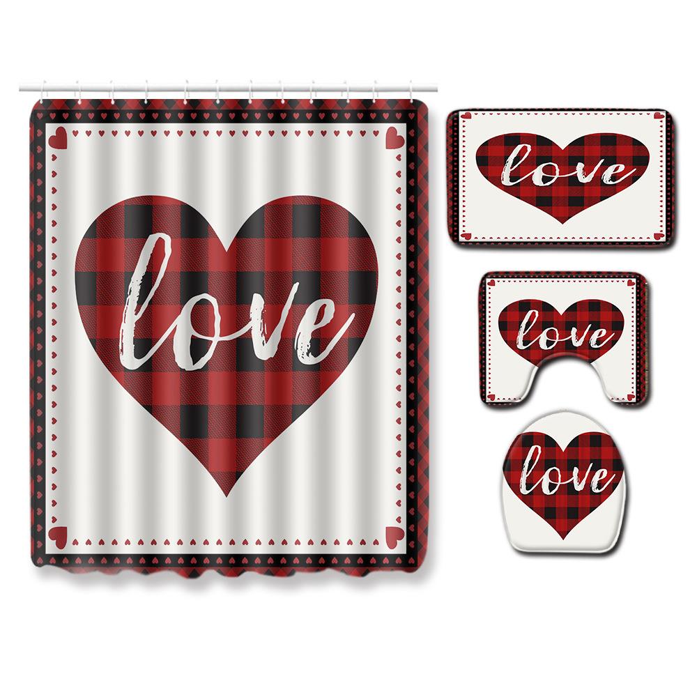 Valentine'S Day Toilet Shower Curtain Four-Piece Printed Floor Mat Set Bathroom Floor Mat Bedroom Absorbent Door Mat Carpet