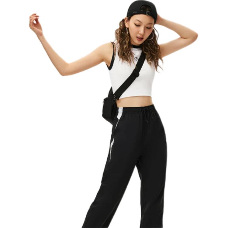 Li Ning Sports Lifestyle Series Solid Color Mid Waist Drawstring Loose Cuff Knitted Sports Pants Women Bottoms Standard-White AYKU366-1