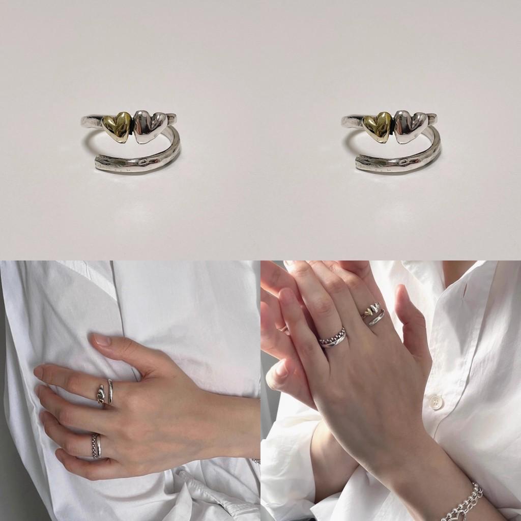 Korean Imported Vintage Handmade Textured Two Heart Adjustable Ring For Women