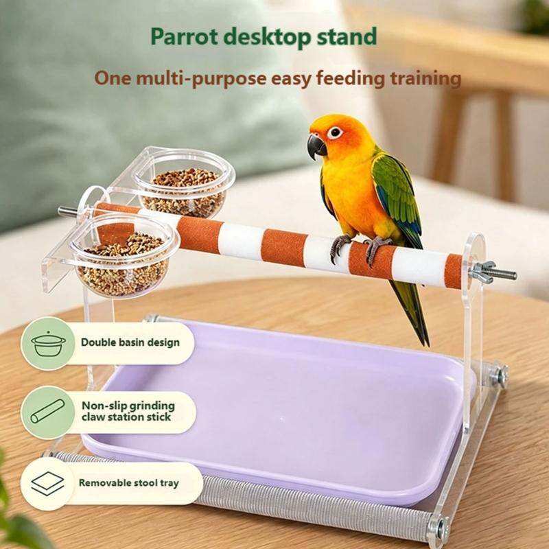 Removable Tray Bird Perch Stand with Padded Textured Surfaces and Feeder Cup, Training Toilet for Parrots Care Area, Tabletop Entertainment
