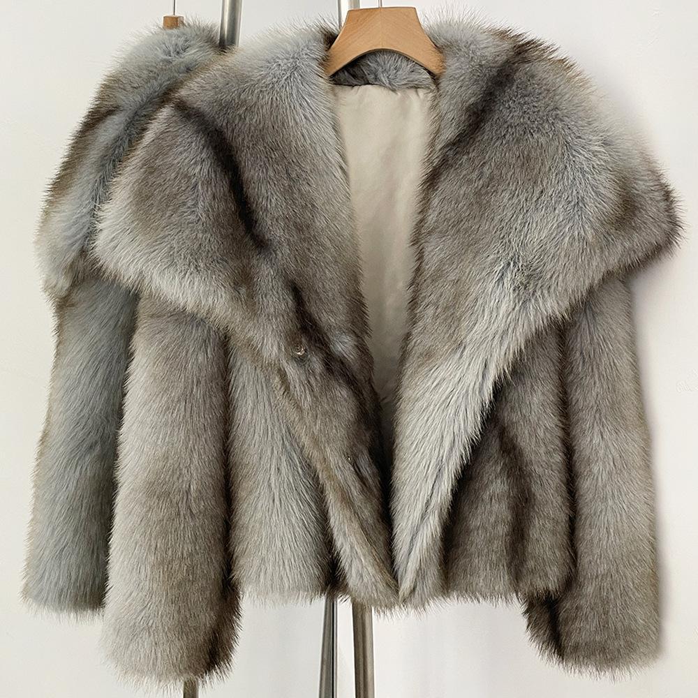 European and American winter new imitation fur coat women's clothing imitation fox hair short fashion striped large lapel coat