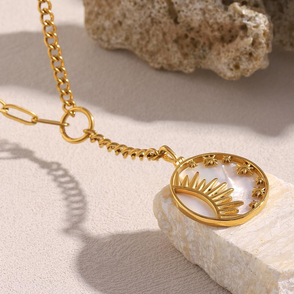 MamacitaSlay Unique 316L Stainless Steel Shell Sun Star Necklace Waterproof 18K Gold Plated Neck Jewelry Women's Elegant Gift