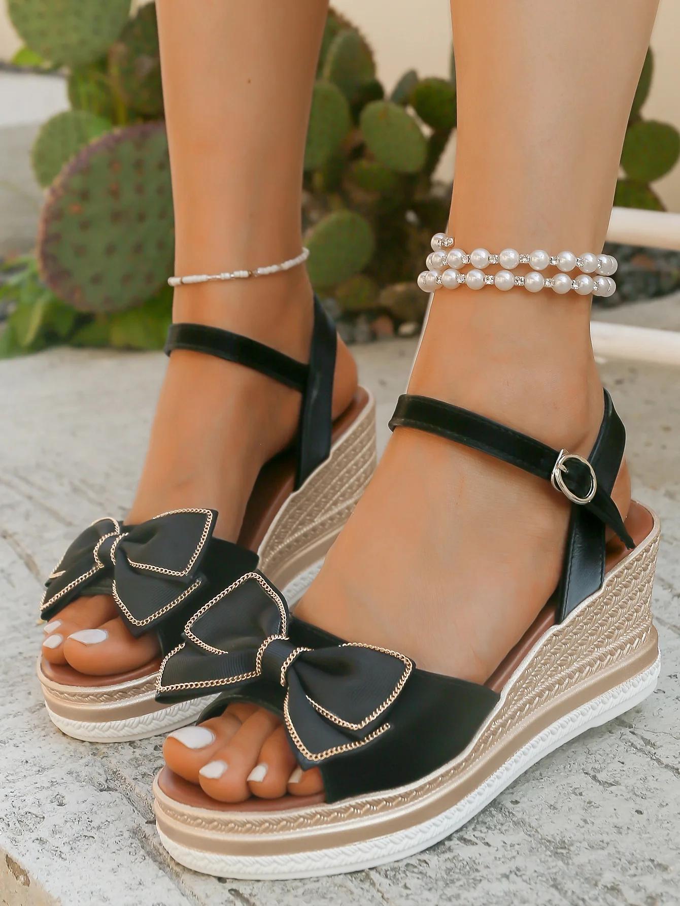

Fashion Women s Sandals Wedge Heel One-line Buckle Butterfly-knot Heels Women Leisure Large Size 7.5cm Heel High 2025 Sandalias De Mujer 35