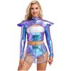 Womens Alien Costume Long Sleeve Hollow Out Cropper Top Transparent Skirt Space Themed Club Wear Outfit