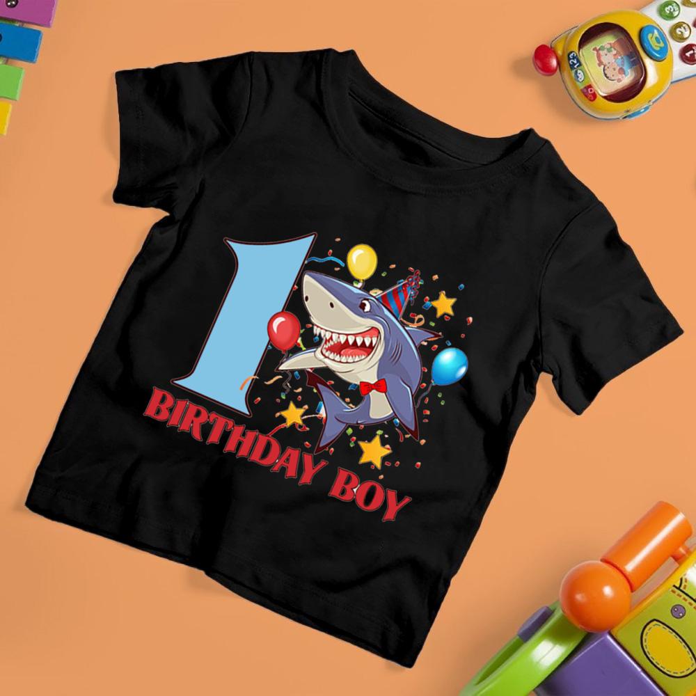 Shark Birthday Digital Funny Print Children's Short Sleeve T-shirt Suitable for Everyday Wear In Summer