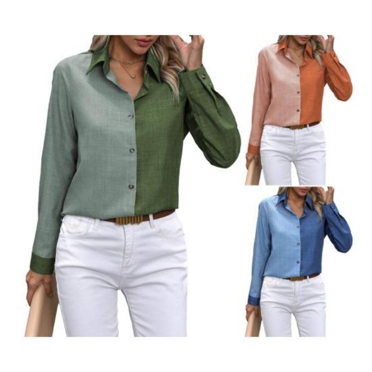Women Long Sleeve Shirt Lapel Color Blocking Casual Tops Daily Wear Single Breasted Regular Fit