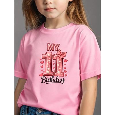 European Sizes Girls' Summer Crew Neck Short Sleeve T-Shirt | Fashionable Comfortable Loose Fit with Heart Number 11 Birthday Print