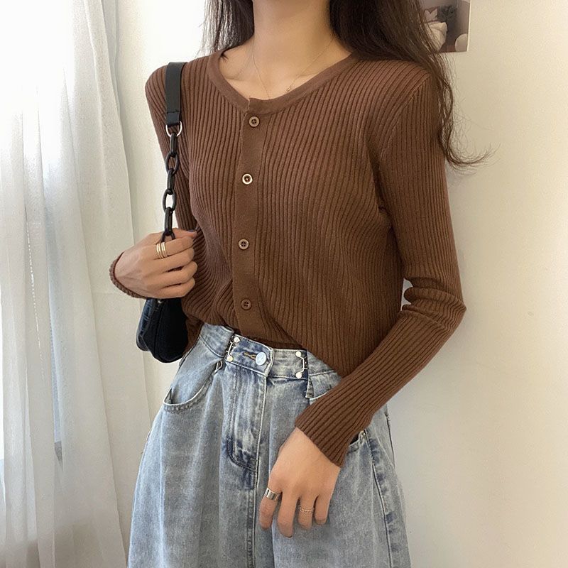 

Базовый слой верхней одежды с длинным рукавом и круглым вырезом, облегающий, в корейском стиле, свободный вязаный топ-свитер-пальто для женщин, подходит для осени и зимы L темно-коричневого