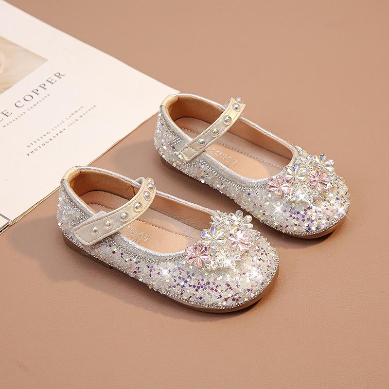 Girls  shoes, children s princess crystal leather shoes2026New Spring Elsa Soft Sole Girls  Baby Shoes 23Inner Length14.5 бежевый