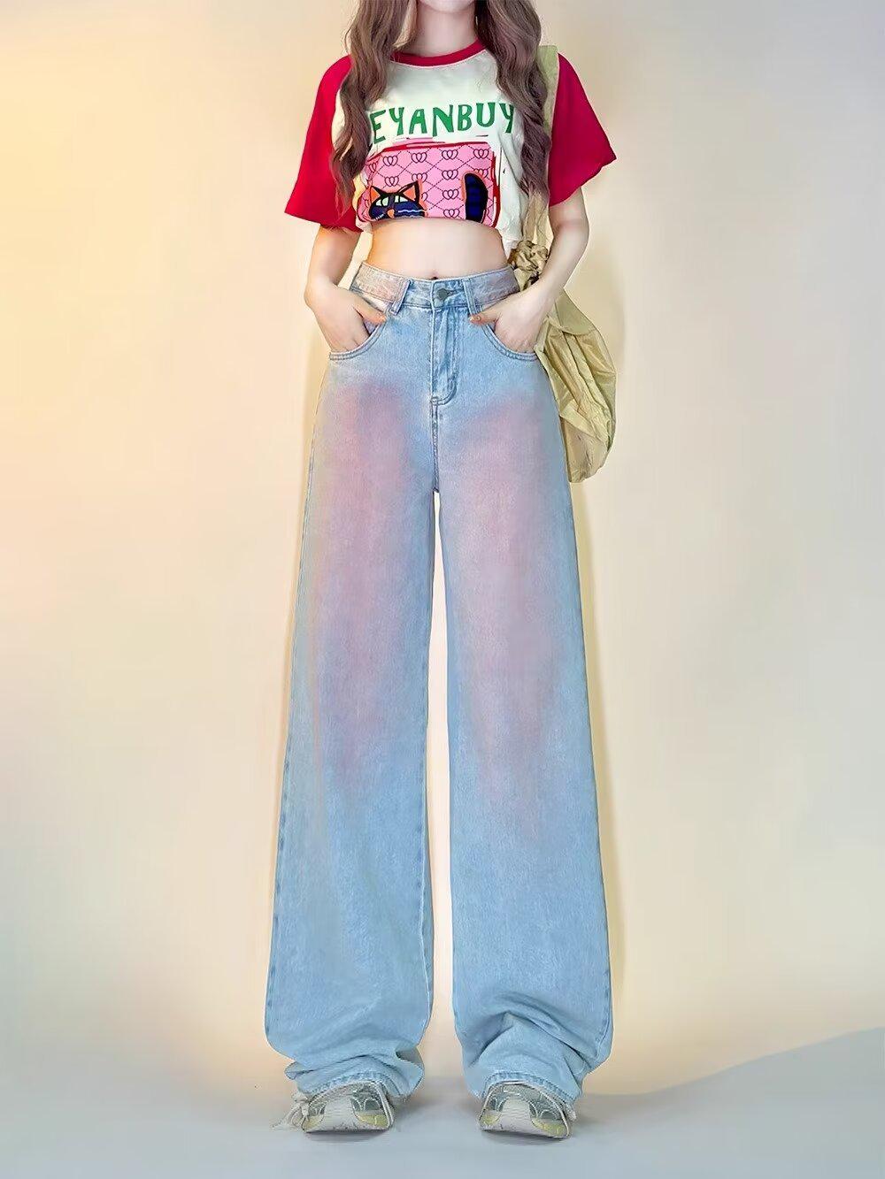 

Женские модные американские ретро-широкие джинсы розового цвета с потертостями L светло-синий