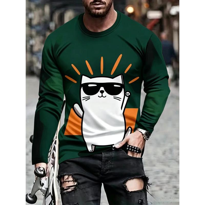 Autumn and Winter Men's Sunglasses Kitten 3D Printed Crew Neck Long-sleeved T-shirt