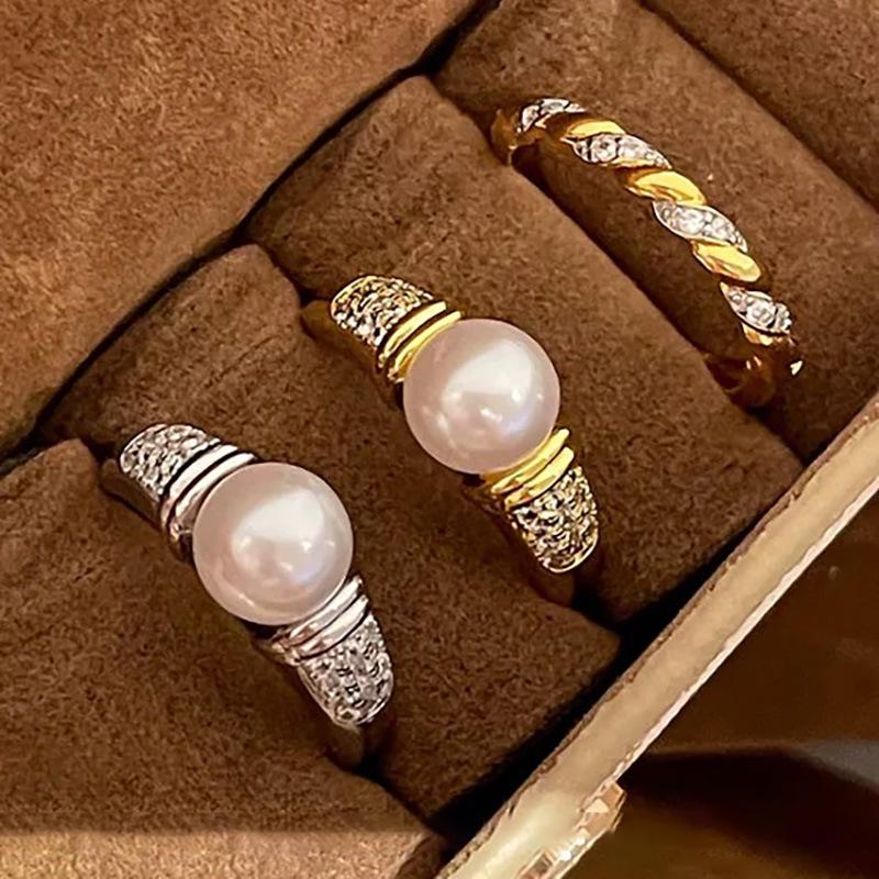 Light Luxury Old Money Style Pearl Ring Inlaid With Zircon Personality Design Medieval Stacked Fashion Twist Ring Woman