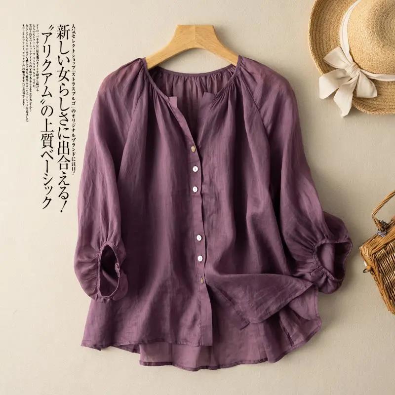 

Lantern Sleeve Cotton and Linen Shirt Women s Spring and Summer Literary Retro V-neck Casual Top L фіолетовий