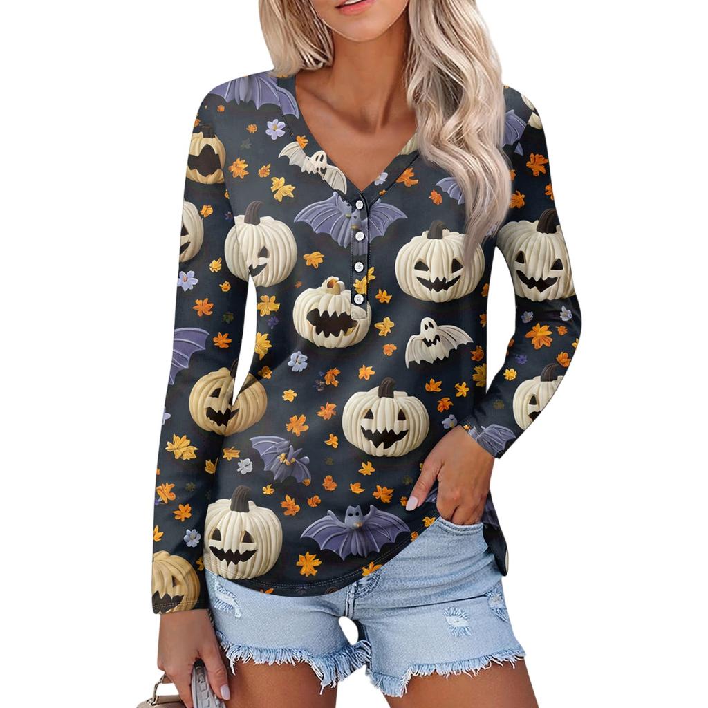 Women's Casual Fashion Sexy Comfort Halloween Printed V-Neck Button Long Sleeve