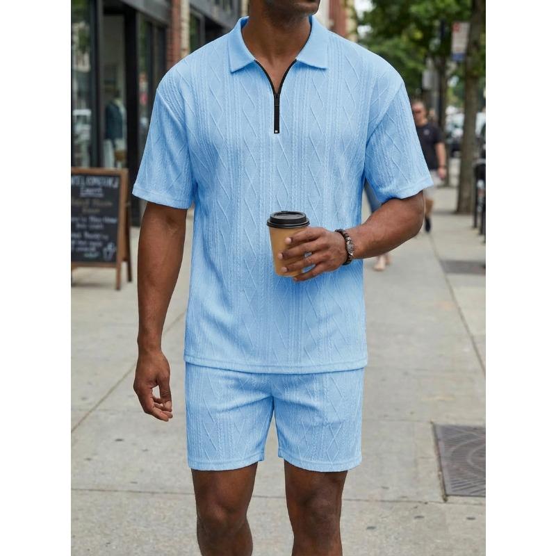 Men's Textured Knit Half Zip Polo Shirt And Shorts Two Piece Set