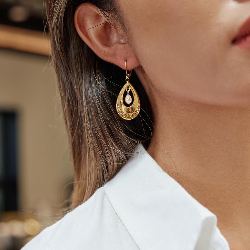 Yori Delicate Shiny Teardrop Cubic Zirconia Hollow Out Teardrop Pendant Earrings 18K Gold Color PVD Plated Stainless Steel Jewel