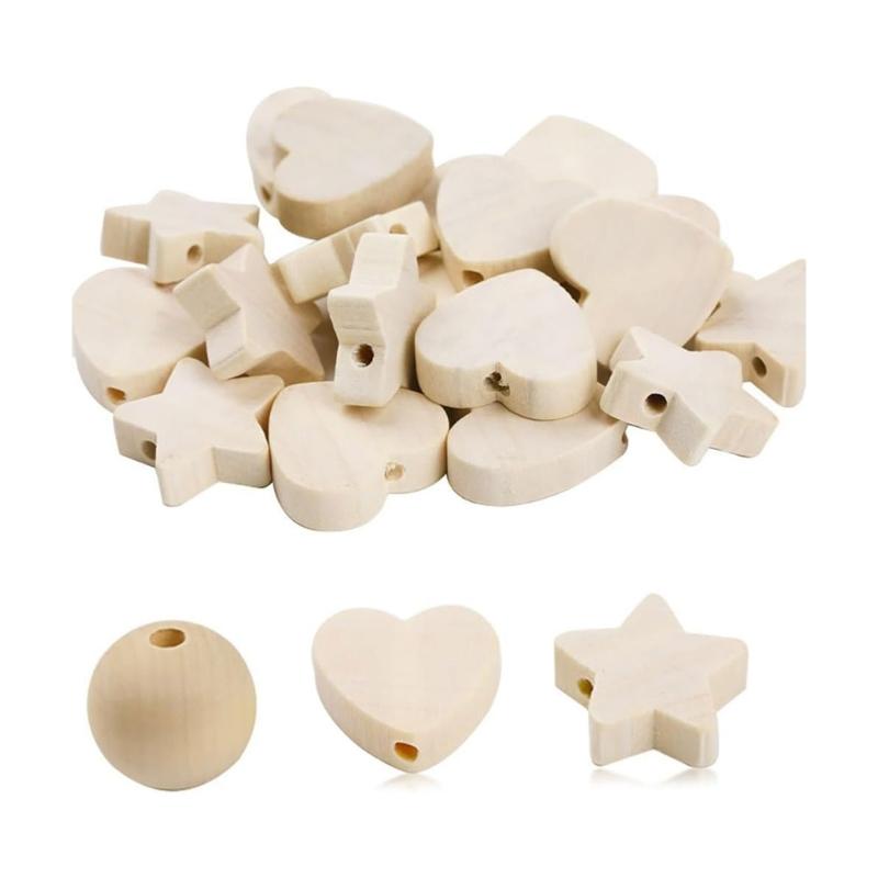 90Pcs Wood Craft Beads with Hole Heart Star Round Wooden Beads for Jewelry Making Home Decorations Handmade Craft