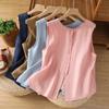 Damen Leinen Baumwolle Ärmellose Bluse Weste Wendbar Einreiher Rundhals Locker Sommer Tanktop
