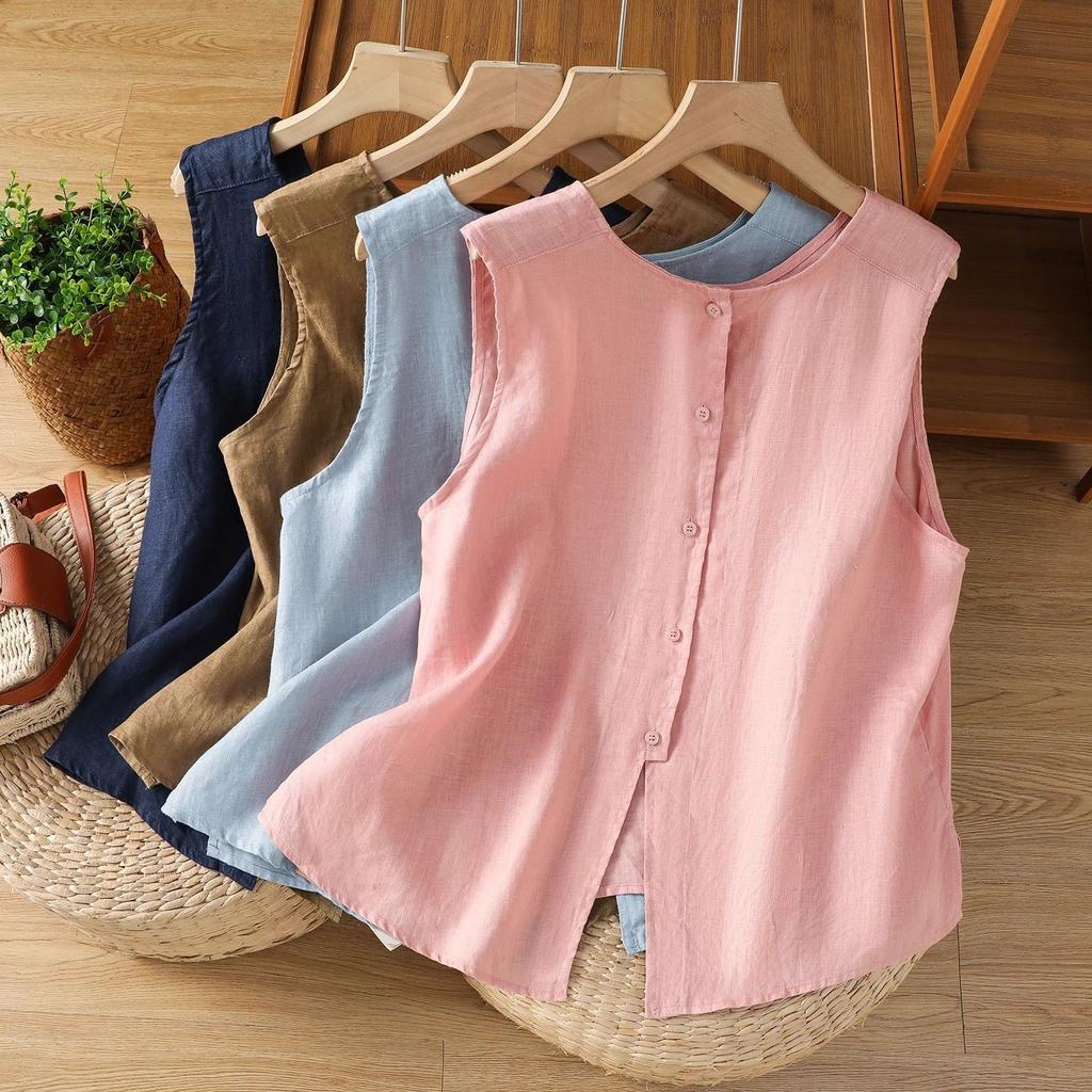 Damen Leinen Baumwolle Ärmellose Bluse Weste Wendbar Einreiher Rundhals Locker Sommer Tanktop