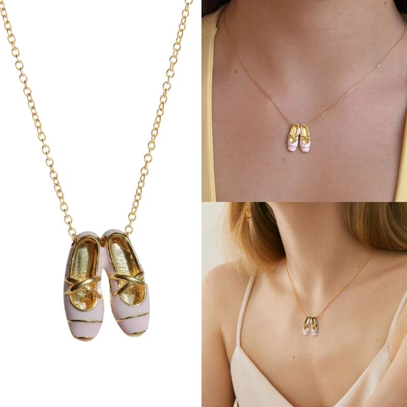 Romance Pink Ballet Shoe Necklace with Diamonds Accent for Sweet and Elegant Women's Fashion Accessory