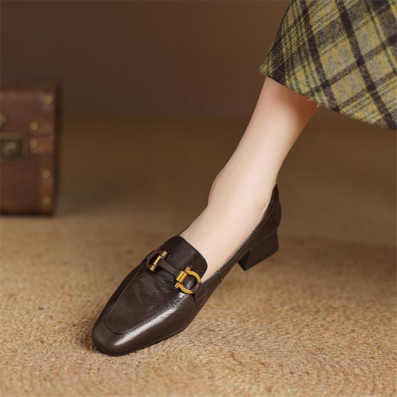Fashion New Spring Sheep Leather Woman Shoes Square Toe Women Pumps Shoes for Women Chunky Heel Loafers Fashion Casual Low Heel Shoes