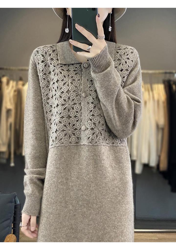 Floral Patchwork Crochet Shirt Collar Australian Wool Retro Long Skirt for Women - 2026 New Style.