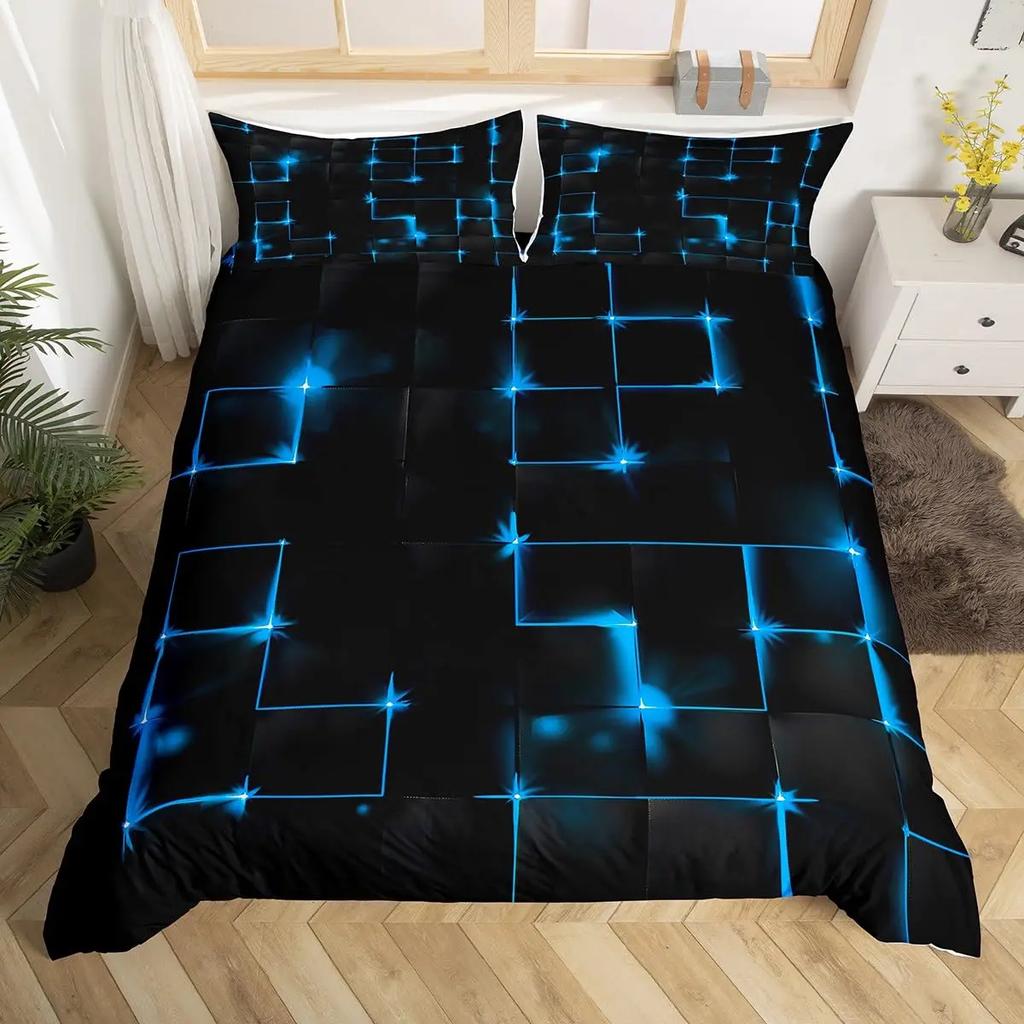 Abstract King Duvet Cover Modern Geometric Grid Square Bedding Set Red and Black Neon Light Line Geometry Themed Quilt Cover
