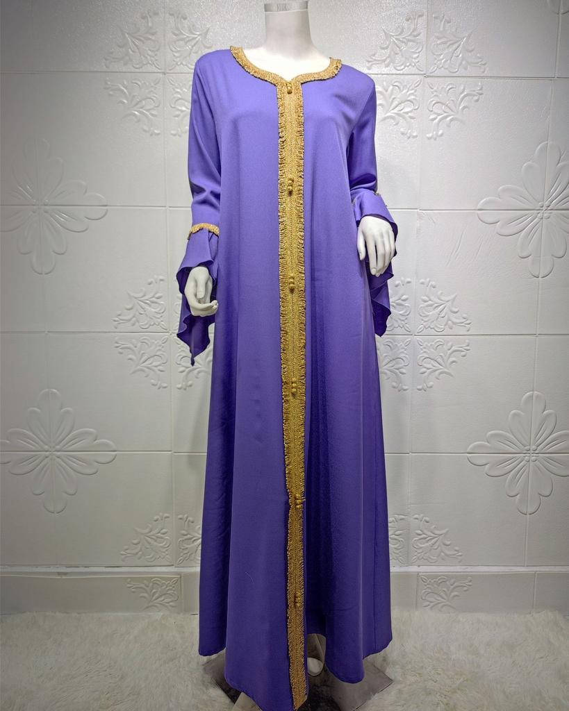 Odzież Muzułmańska Bliski Wschód Malajska Rękaw Liść Lotosu Haftowana Złota Koronkowa Sukienka Muzułmańskie Kobiety EMA