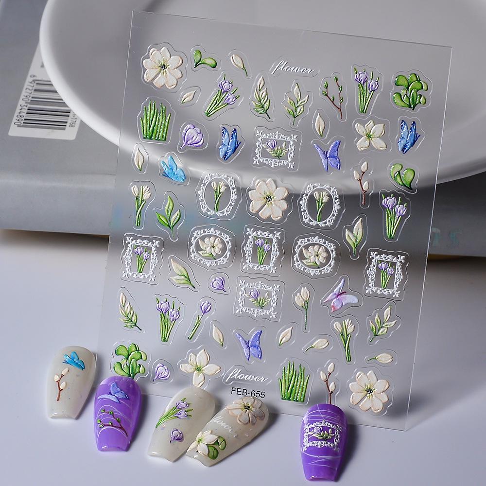 5D Butterfly & Lily of the Valley Nail Stickers - Mori Style Floral, Self-Adhesive