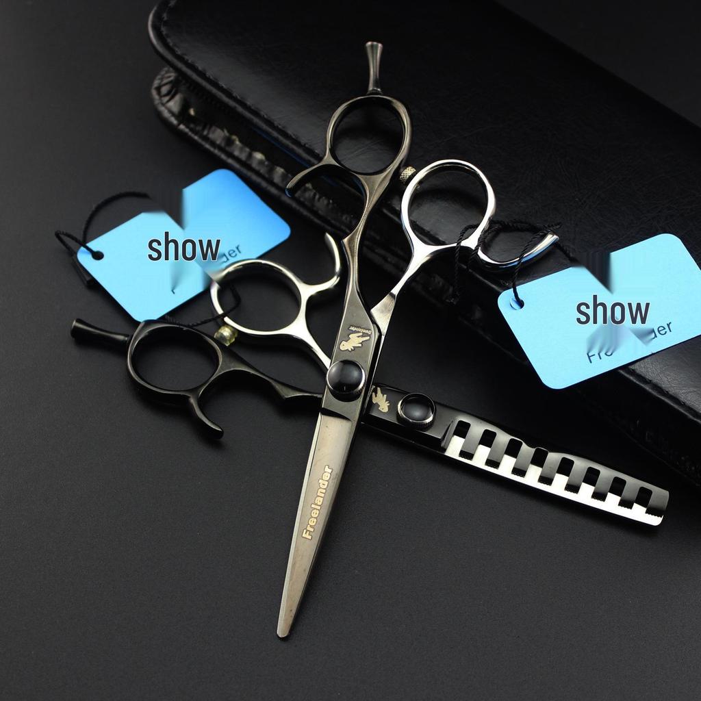 Shen Xingzhe Hairdressing Scissors Set: Straight, Thinning, and Bang Shears with Black and White Mandarin Duck Design and Bag