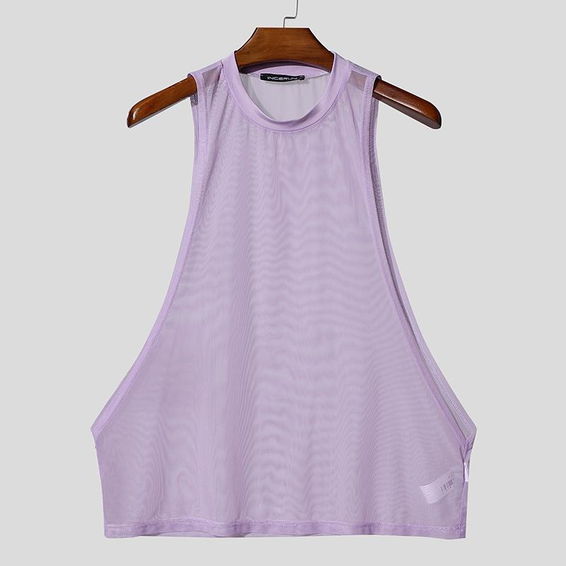 INCERUN Men Summer Sleeveless Big Cuff Mesh Sheer See Through Loose Beach Tank Tops