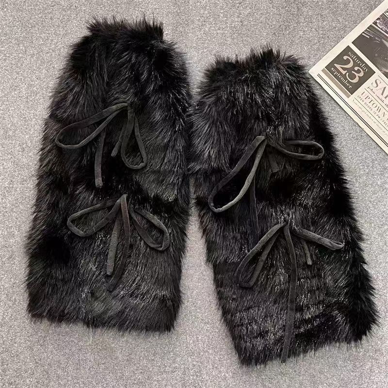 Sweet Lolita Ribbon Bowknot Furry Plush Leg Warmers For Women Girls Winter Warm Thickened Leggings Socks Y2K Boot Cover Sockings