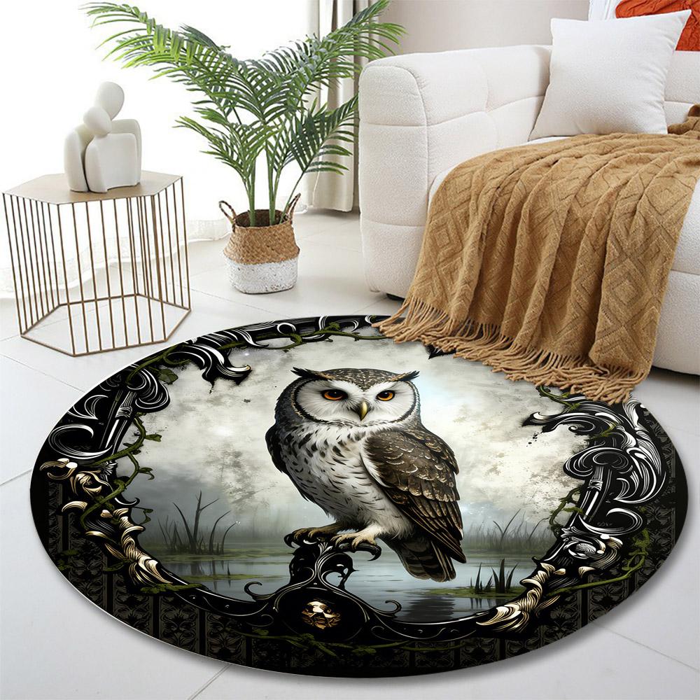 "Elegant Owl in Ornate Frame" Print round rug, living room, bedroom, playroom carpet, non slip floor mat, gift