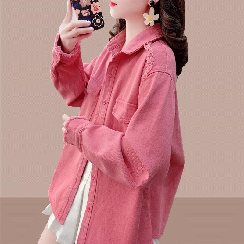 

Ранняя весна Молодежная и элегантная многослойная куртка для женщин с воротником и карманом Простая однотонная джинсовая рубашка XXXL розовый