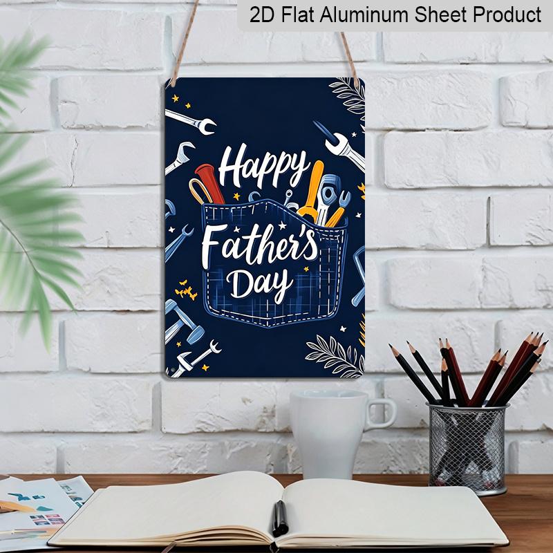 2D Flat, 1pc Denim Pocket Tools Father's Day Metal Wall Art Sign "Happy Father's Day" - 8*12 Inch Aluminium Rustic Garage Decor, Workshop Style Wall