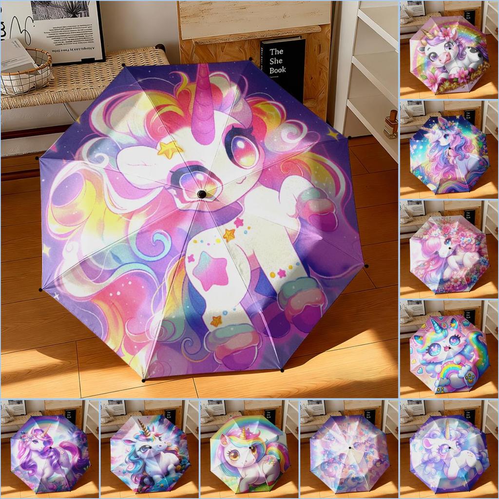 1pc Cartoon cute fantasy unicorn Umbrella Portable Folding Umbrella Iron Frame Hole Bone Structure Outdoor Home Umbrella