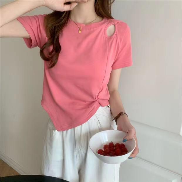 Summer 2025 Hot Pink High-Waist Slim Fit Hollow Short-Sleeve T-Shirt for Women