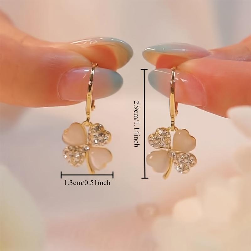 Elegant 4-Leaf Clover Rhinestone Earrings - Golden Studs & Dangle Pendant, Sparkly Fashion Jewelry for Women, Gift for Her