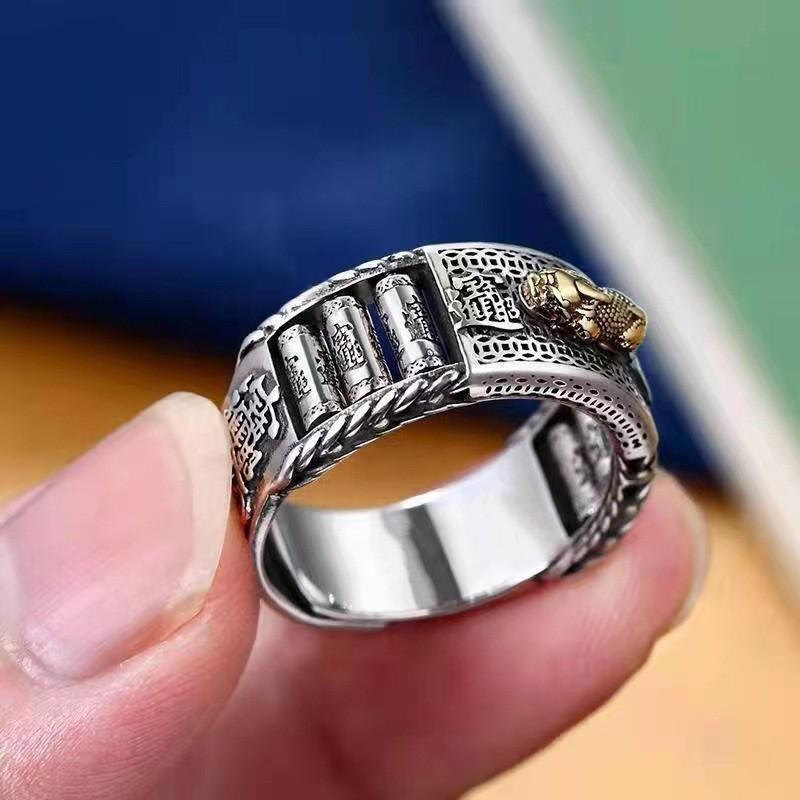 Mens Adjustable Copper Ring With Rotating Pixiu Charm Vintage Ethnic Style Statement Jewelry