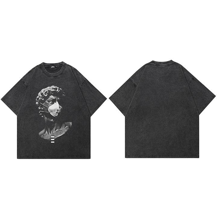 Hip Hop Faded Black TShirt Streetwear Masked Sculpture Graphic T Shirt Funny Statue Printed Men Tshirt Cotton Tops Tees