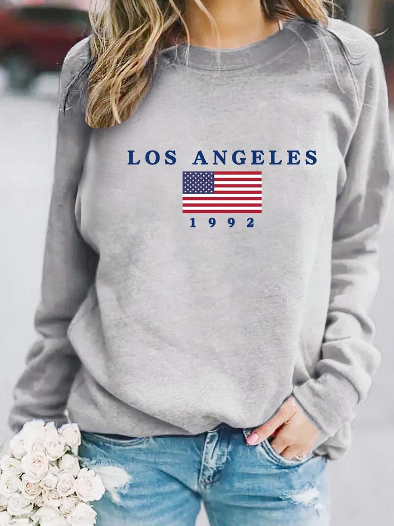 European & American Women's Casual Long-Sleeve Round Neck 'LOS ANGELES' Print Pullover Hoodie - Autumn/Winter Collection