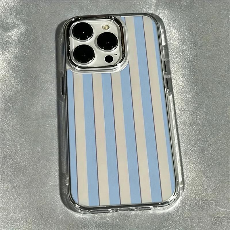Blue White Wide Stripes Electroplated Lens Frame Clear Phone Case for iPhone 17 Air 16 15 14 13 12 11 Pro Max XS Max X TPU Cover